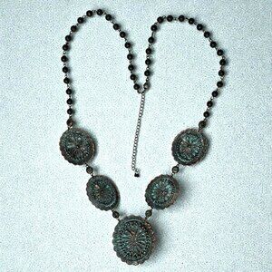 Long Copper Statement Necklace Patina Conchos Southwestern Beads Rhinestones